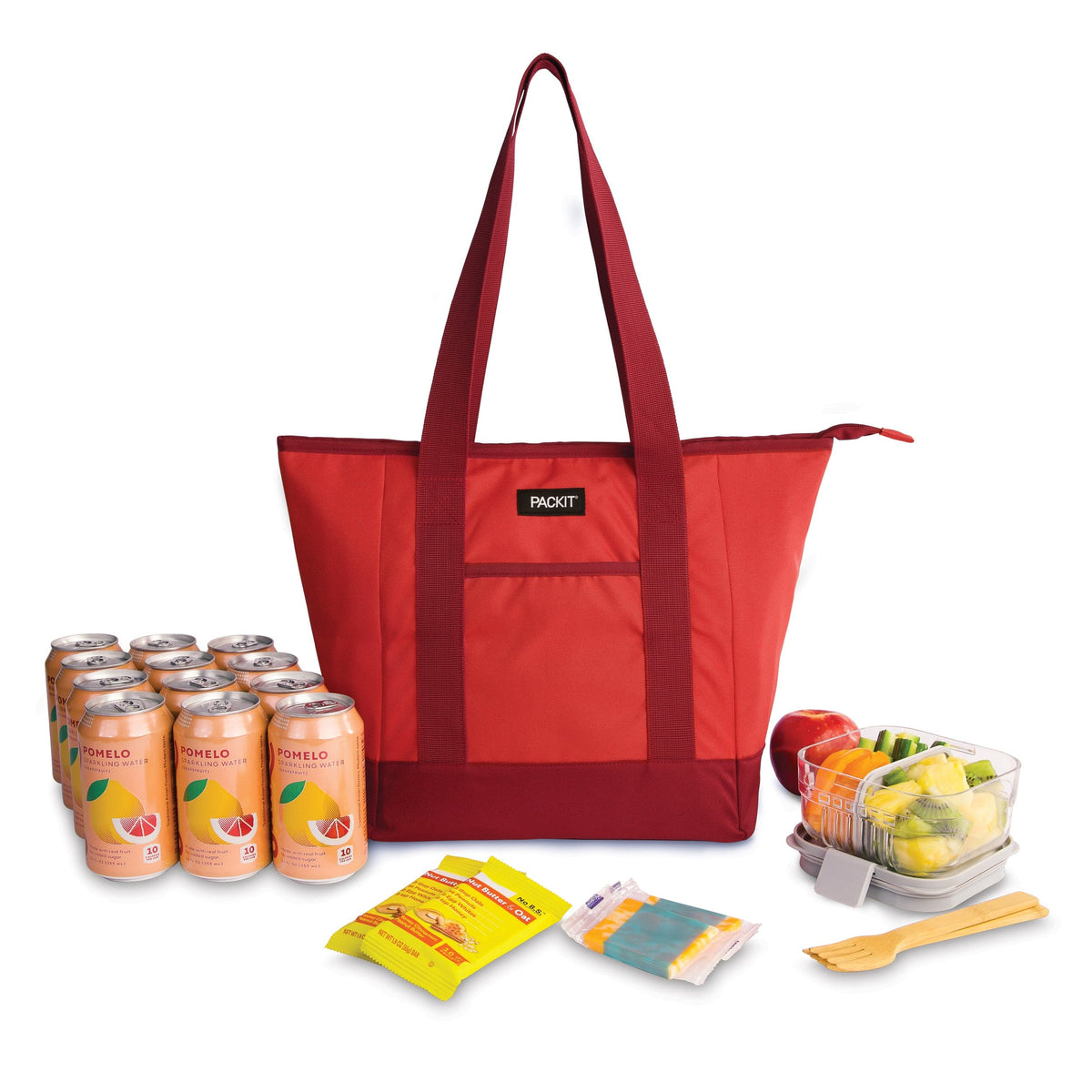 freezable-12-can-tote-cooler-m3 freezable-12-can-tote-cooler-poppy-front-food-combo.jpg