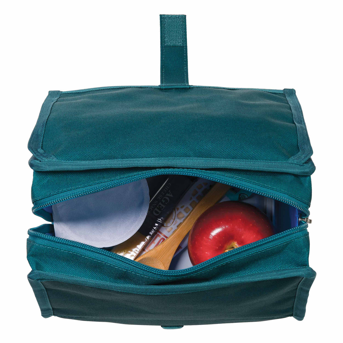 freezable-lunch-bag-v0 freezable-lunch-bag-deep-teal-top-view-packed.jpg